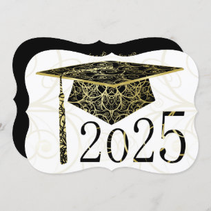 Black and Gold Floral Cap 2025 Graduation Party Einladung