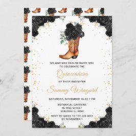 Black and Gold Floral Cowboy Boot Quinceañera Einladung