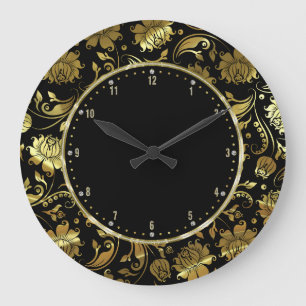 Black And Gold Floral Damasks Große Wanduhr