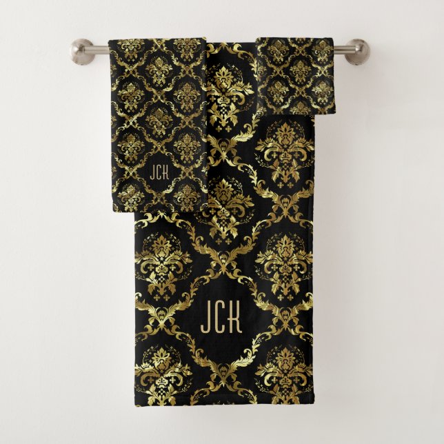 Black And Gold Floral Damasks Monogram Badhandtuch Set (Insitu)