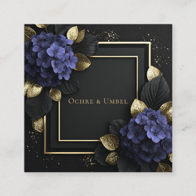 Black and Gold Floral Geometric Hydrangea Quadratische Visitenkarte (Vorderseite)