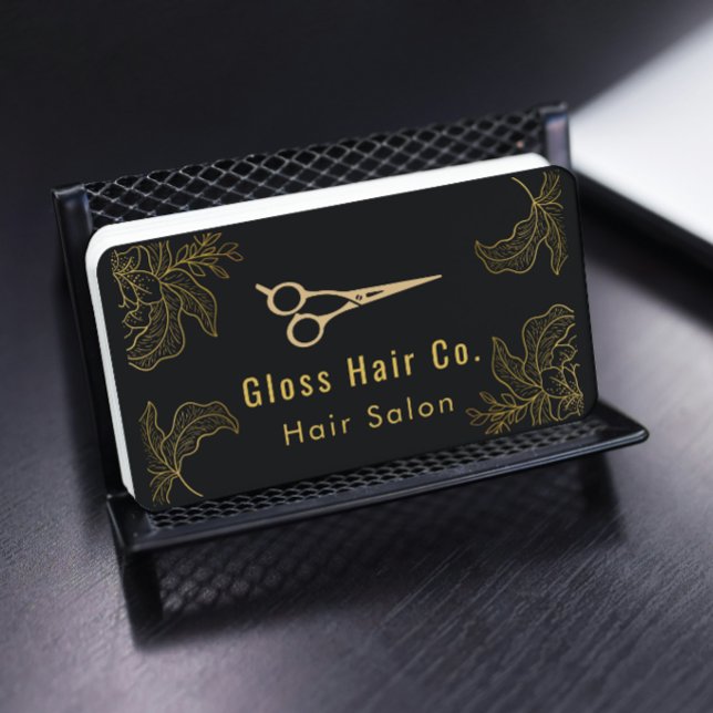Black and Gold Floral Hair Salon Elegant Luxury Visitenkarte (Von Creator hochgeladen)