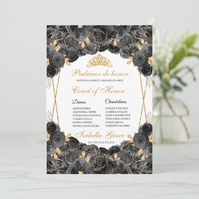 Black and Gold Floral Quinceanera Court of Ehre Einladung (Stehend Vorderseite)