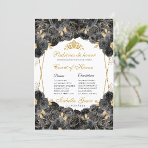 Black and Gold Floral Quinceanera Court of Ehre Einladung