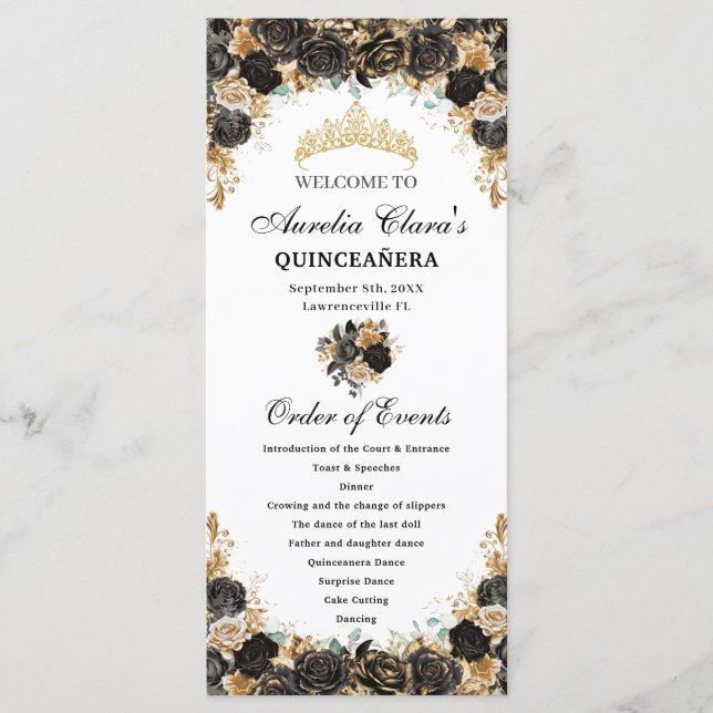 Black and Gold Floral Quinceañera Order Events Programm (Vorderseite)