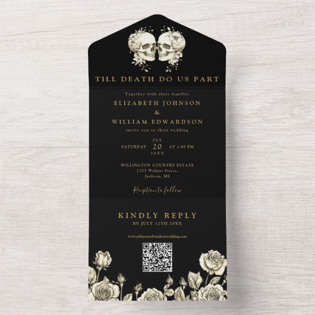 Black And Gold Floral Skulls QR Code Goth Wedding All In One Einladung (Innen Boden)