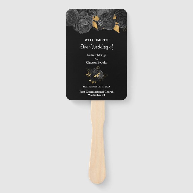 Black and Gold Floral Wedding Program Hand Fan Fächer (Vorderseite)