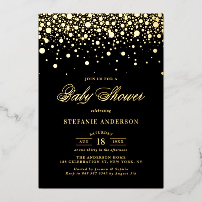 Black and Gold Foil Confetti Dots Baby Dusche Folieneinladung (Vorderseite)