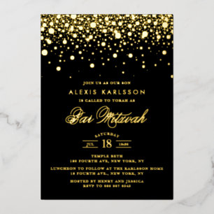 Black and Gold Foil Confetti Dots Bar Mitzvah Folieneinladung
