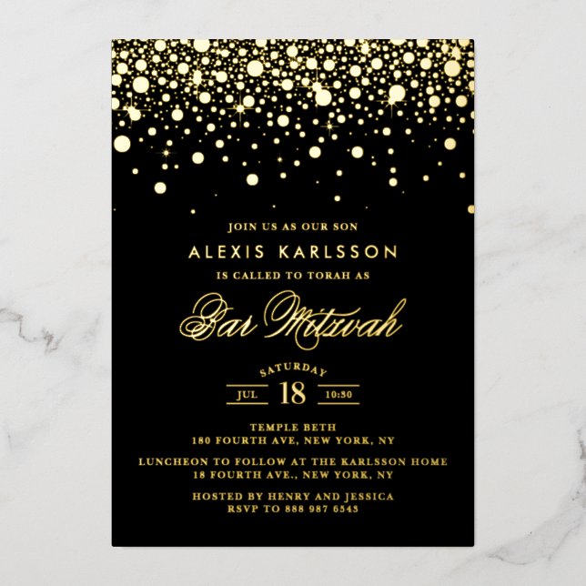Black and Gold Foil Confetti Dots Bar Mitzvah Folieneinladung (Vorderseite)