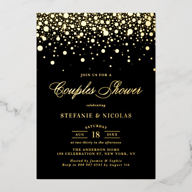 Black and Gold Foil Confetti Dots Couples Dusche Folieneinladung (Vorderseite)