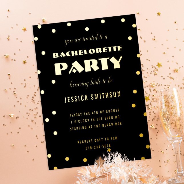 Black and Gold Foil Confetti Junggeselinnen-Abschi Folieneinladung (Von Creator hochgeladen)
