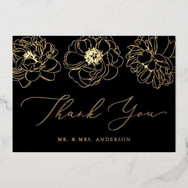 Black and Gold Foil Floral Wedding Dankeschön Kart Folieneinladung (Vorderseite)