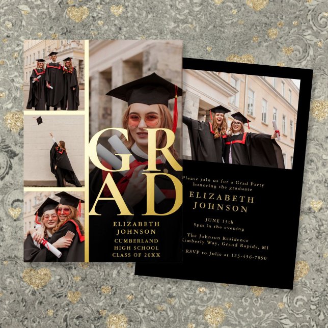 Black and Gold Foto Collage Graduation Party Folieneinladung (Black And Gold Photo Collage Graduation Party Foil Invitation)