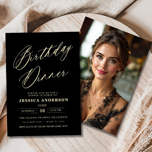 Black and Gold Foto Geburtstag Abendessen Modern Einladung