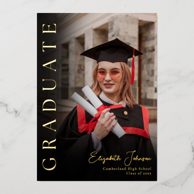 Black and Gold Foto Graduation Party Folieneinladung (Vorderseite)