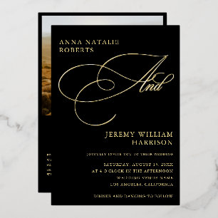 Black and Gold Foto Script und QR Code Wedding Folieneinladung