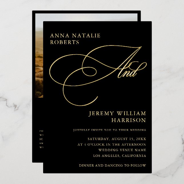 Black and Gold Foto Script und QR Code Wedding Folieneinladung (Vorderseite/Rückseite)