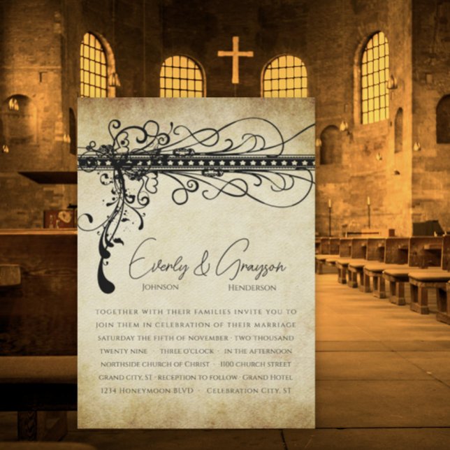 Black and Gold Funky Elegante Wirbel Hochzeit Einl Einladung (Von Creator hochgeladen)