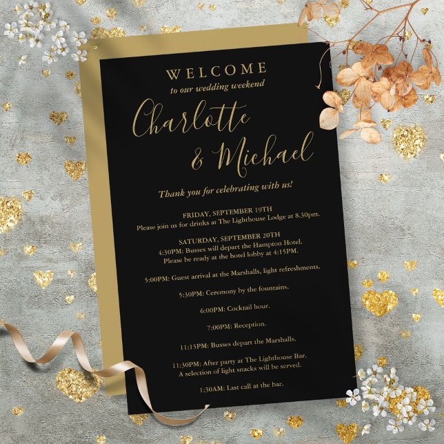 Black and Gold Gästebuchprogramm (Black And Gold Guest Wedding Weekend Program)