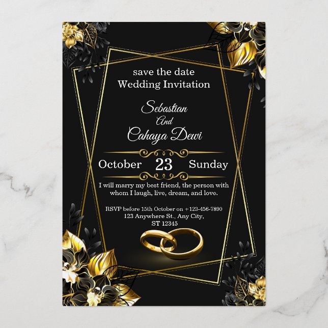 Black and Gold Glam Luxury Wedding Invitation  Folieneinladung (Vorderseite)