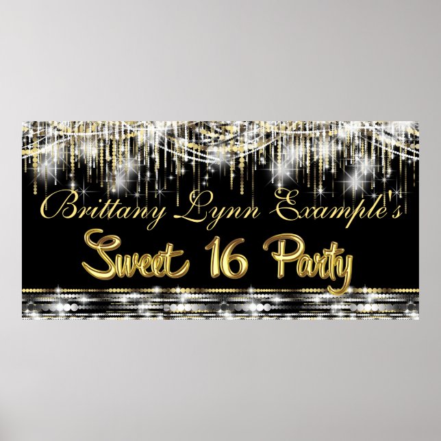 Black and Gold Glam Sweet 16 Party Banner Poster (Vorne)