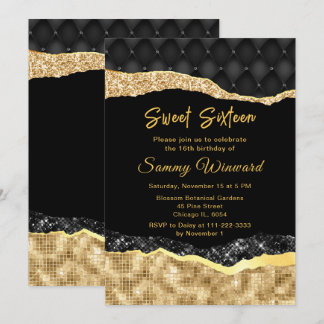 Black and Gold Glam Tränen 16 . Geburtstag Einladung