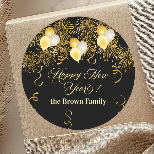 Black and Gold Glitter New Year's Eve Party  Runder Aufkleber (Von Creator hochgeladen)