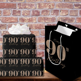 Black and Gold Glitter Numeral 90th Birthday Mittlere Geschenktüte