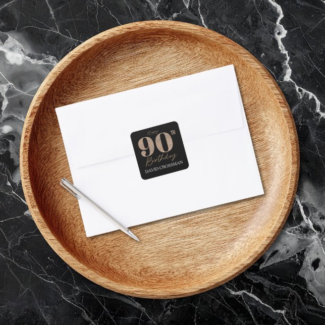 Black and Gold Glitter Numeral 90th Birthday  Quadratischer Aufkleber (Von Creator hochgeladen)