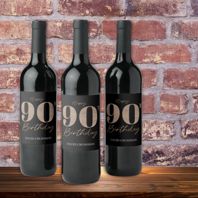 Black and Gold Glitter Numeral 90th Birthday  Weinetikett (Von Creator hochgeladen)