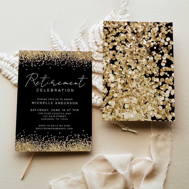 Black and Gold Glitter Retirement Party Invitation Einladung (Von Creator hochgeladen)