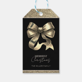 Black and Gold Glittered Bow Christmas Geschenkanhänger