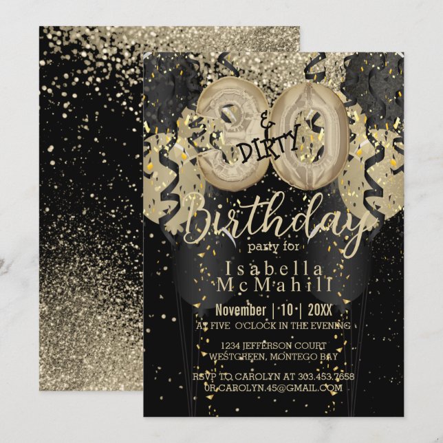 Black and Gold Glitzer & 30 Dirty Birthday Einladung (Vorne/Hinten)