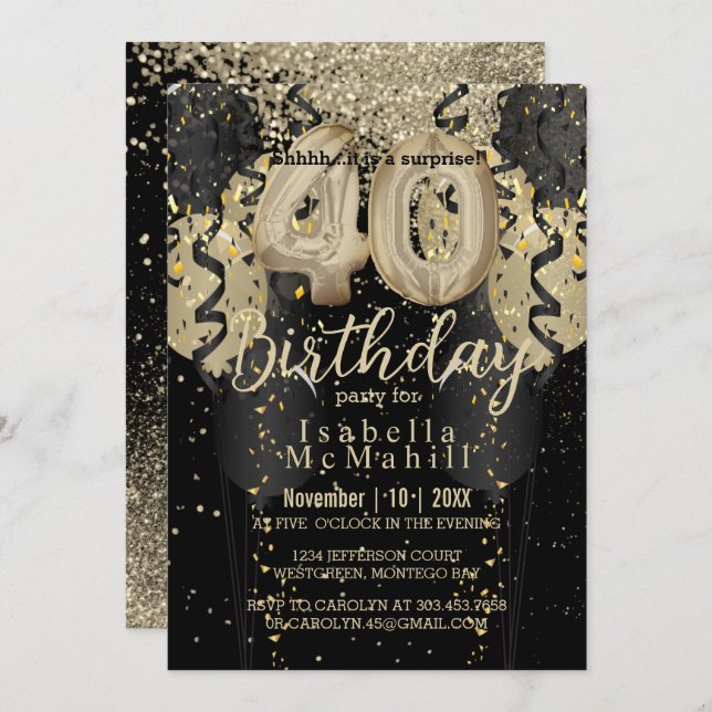 Black and Gold Glitzer 40. Geburtstag Einladung (Vorne/Hinten)