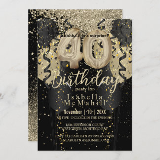 Black and Gold Glitzer 40. Geburtstag Einladung