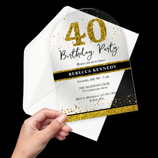 Black and Gold Glitzer 40. Geburtstag Party Acryleinladungen