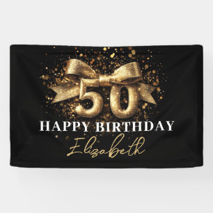 Black and Gold Glitzer 50 Happy Birthday Party Banner