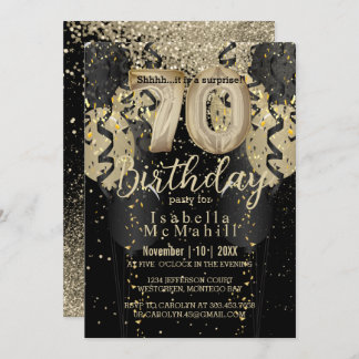 Black and Gold Glitzer 70. Geburtstag Einladung