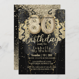 Black and Gold Glitzer 80. Geburtstag Einladung