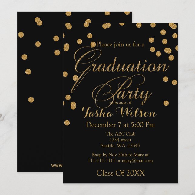 Black and Gold Glitzer Abschluss Einladung (Vorne/Hinten)
