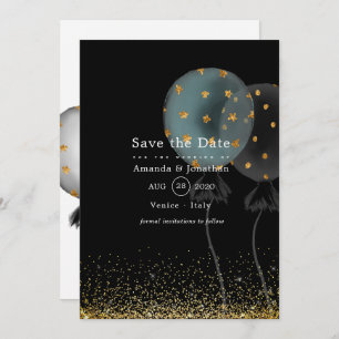 Black and Gold Glitzer Balloon Wedding Save The Date
