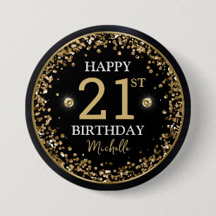 Black and Gold Glitzer Confetti Birthday Button
