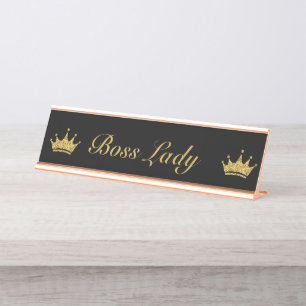 Black and Gold Glitzer Crown Fun Royal Boss Lady Schreibtischnamensplakette