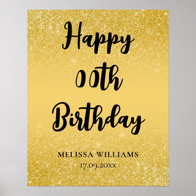 Black and Gold Glitzer Happy Birthday Poster (Vorne)