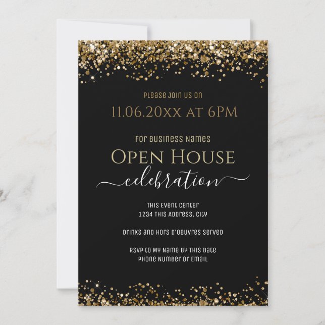 Black and Gold Glitzer Open House Business Einladung (Vorderseite)