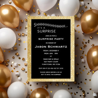 Black and Gold Glitzer Überraschung Party Geburtst Einladung