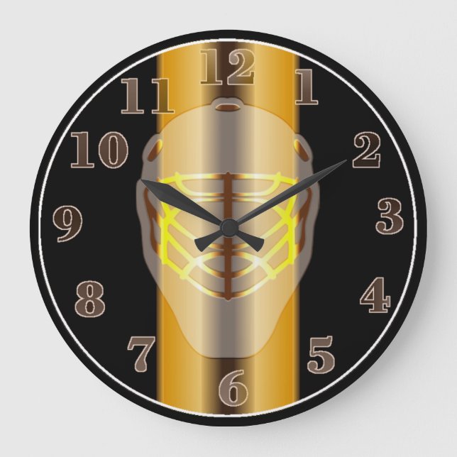 Black and Gold Goalie Mask Hockey Wall Clock Große Wanduhr (Vorderseite)