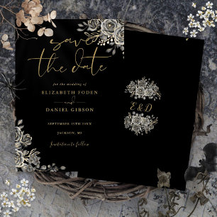Black and Gold Gothic Floral Monogram Wedding Save The Date