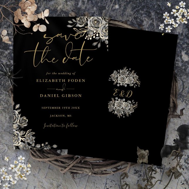 Black and Gold Gothic Floral Monogram Wedding Save The Date (Black And Gold Gothic Floral Monogram Wedding Save The Date)